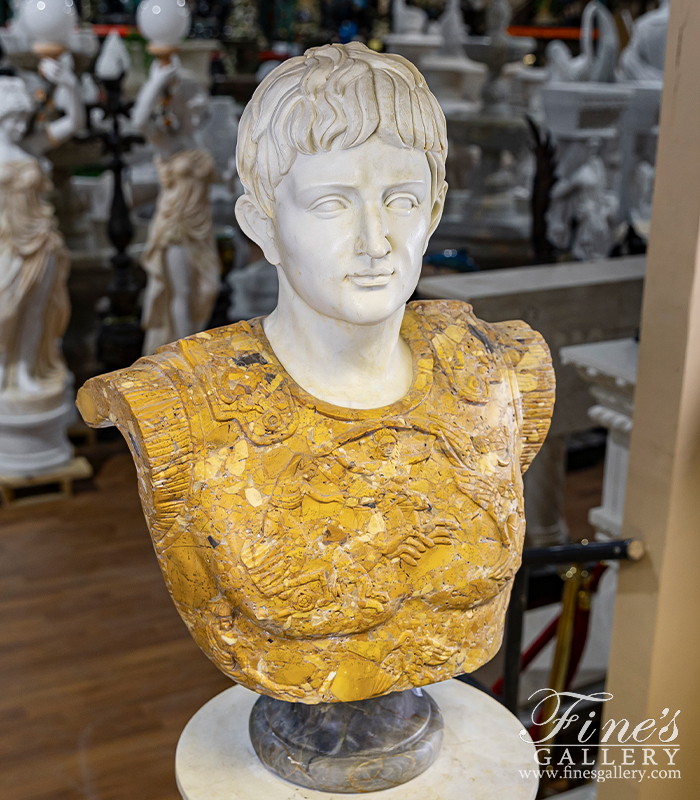 Marble Statues  - Bust Of Caesar Augustus In Antique White & Italian Nuvolato Marble - MBT-435